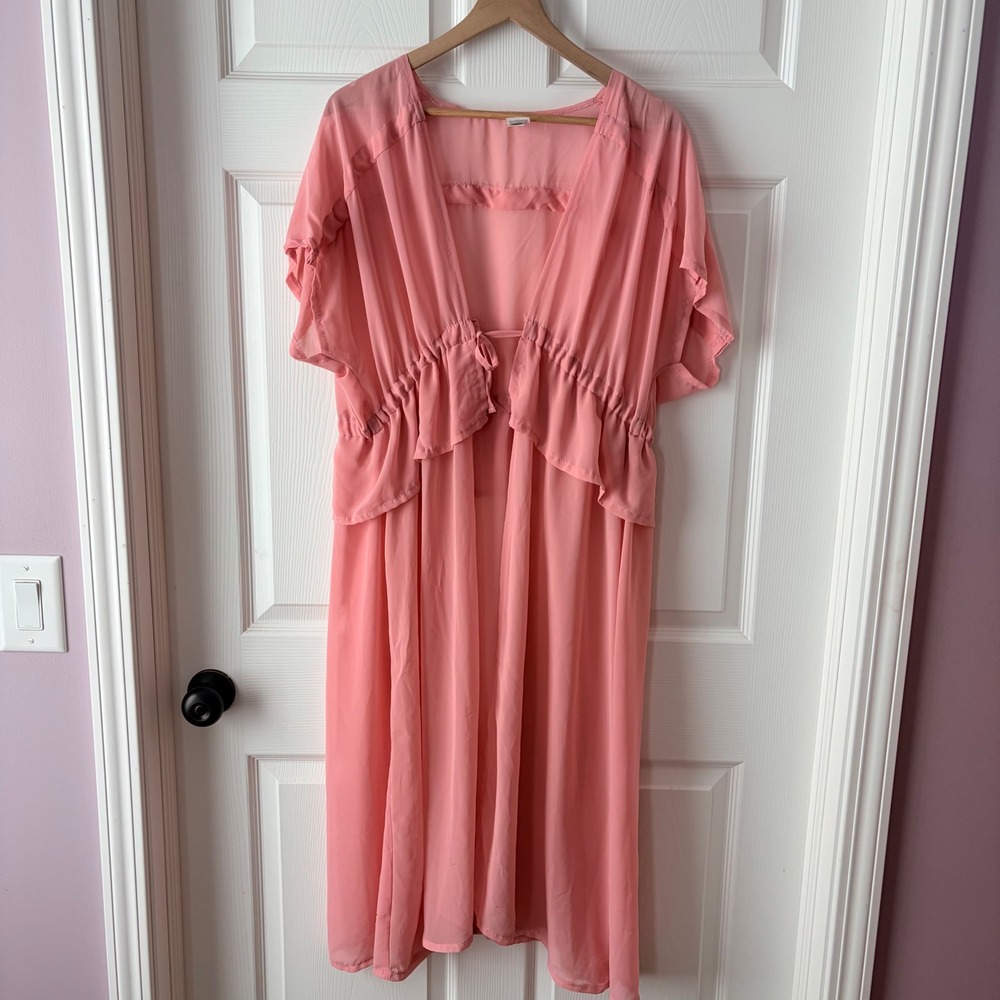 Pink Sheer Chiffon‎ Swim Cover Up Maxi Dress L-XL TT211159